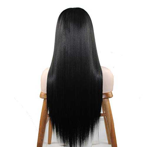 Sleek Elegance: 24-Inch Straight Black Lace Front Wig - Synthetic Hair Perfection for Daily Wear and Special Occasions