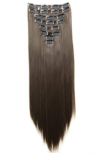 XXL 20" Long 8 Pieces Set Clip-In Hair Extensions - Synthetic Fiber Hairpiece for Instant Straight Brunette Glamour