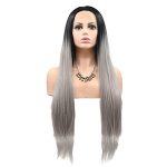 Bold and Beautiful: 24-Inch Long Ombre Gray Lace Front Wig with Dark Roots - Stunning Synthetic Wig for Black Women