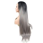Bold and Beautiful: 24-Inch Long Ombre Gray Lace Front Wig with Dark Roots - Stunning Synthetic Wig for Black Women