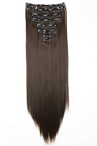 XXL 20" Long 8 Pieces Set Clip-In Hair Extensions - Synthetic Fiber Hairpiece for Instant Straight Brunette Glamour