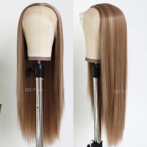 QD-Tizer Blonde Hair Highlights Lace Front Wig - Long Straight Heat Resistant Fiber Wig for Fashion Women, Effortless Elegance with 13x3 Frontal Lace (Blonde/Brown)