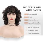 Fancy Hair Curly Afro Wig with Bangs - Black Mix Brown Kinky Curly Wig for Women, Synthetic Cosplay Party Hair Wig