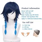 Transform into Venti: Navy Blue Venti Wig with Double Braids for Game Cosplay + Elf Ears, Perfect for Halloween and Anime Enthusiasts