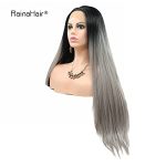 Bold and Beautiful: 24-Inch Long Ombre Gray Lace Front Wig with Dark Roots - Stunning Synthetic Wig for Black Women