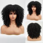 14-Inch Black Kinky Curly Wig with Bangs - Daily Chic Synthetic Afro Curly Wig