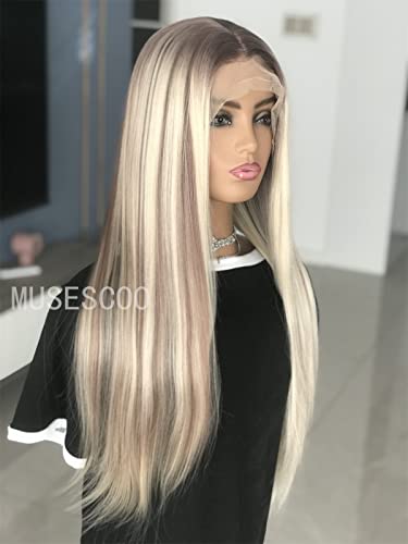 Sultry Elegance: Musescoo Highlight Long Straight Synthetic Lace Wig, Platinum Mixed Brown, for Show-Stopping Style