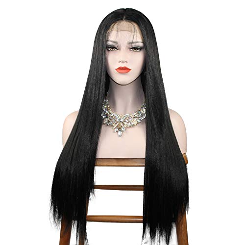 Sleek Elegance: 24-Inch Straight Black Lace Front Wig - Synthetic Hair Perfection for Daily Wear and Special Occasions