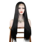 Sleek Elegance: 24-Inch Straight Black Lace Front Wig - Synthetic Hair Perfection for Daily Wear and Special Occasions