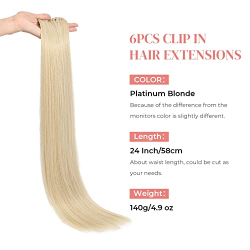 Clip-In Hair Extensions - 6PCS Straight 24" Blonde Hair Extensions for Women - Heat Resistant Synthetic Hairpiece in Platinum Blonde, Instant Volume, Lightweight, Secure Fit