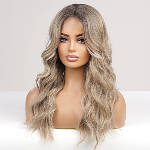 Long Ombre Ash Blonde Lace Front Wig – Natural Wavy Beauty with Middle Parting for All Occasions! 🌟👩‍🦳
