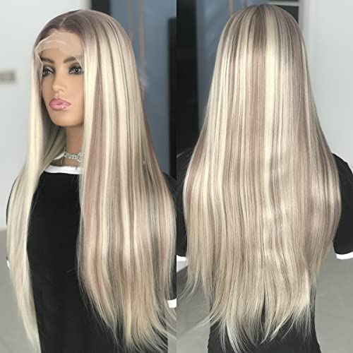 Sultry Elegance: Musescoo Highlight Long Straight Synthetic Lace Wig, Platinum Mixed Brown, for Show-Stopping Style
