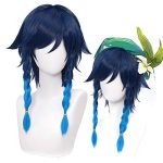 Transform into Venti: Navy Blue Venti Wig with Double Braids for Game Cosplay + Elf Ears, Perfect for Halloween and Anime Enthusiasts