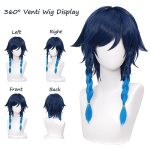 Transform into Venti: Navy Blue Venti Wig with Double Braids for Game Cosplay + Elf Ears, Perfect for Halloween and Anime Enthusiasts