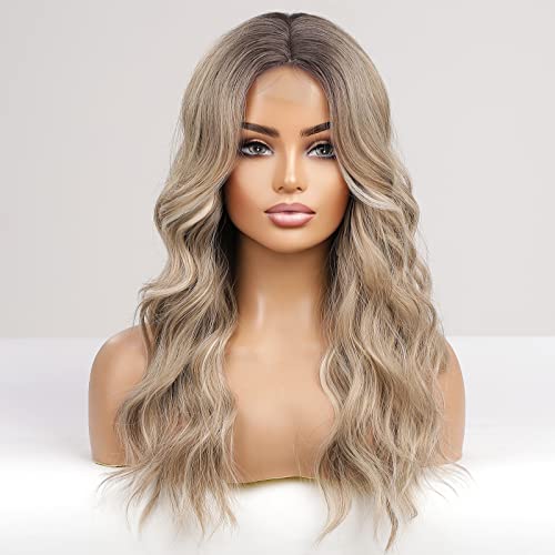Long Ombre Ash Blonde Lace Front Wig – Natural Wavy Beauty with Middle Parting for All Occasions! 🌟👩‍🦳