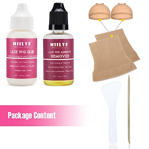 Wig Adhesive and Glue Remover Set - Strong Hold for Lace Front Wig and Poly Hairpieces, Invisible Waterproof Bonding Glue for Hair Replacement Systems