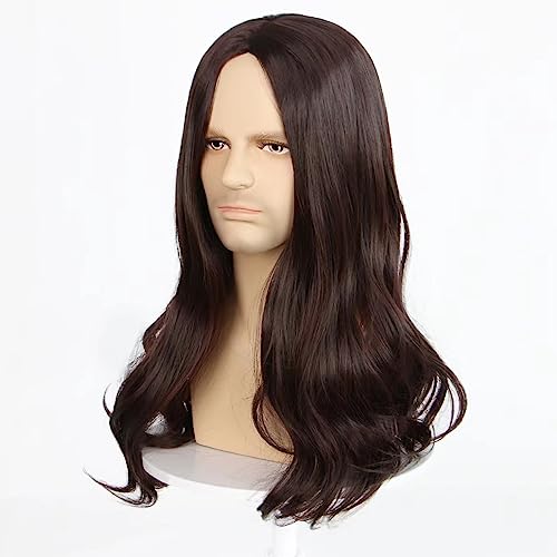 IEBIYO Men's Long Brown Wig, Middle Part Wavy Wig for Cool Men, Perfect for 60s 70s Hippie Look, Heat Resistant Synthetic Halloween Costume Wig