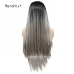 Bold and Beautiful: 24-Inch Long Ombre Gray Lace Front Wig with Dark Roots - Stunning Synthetic Wig for Black Women