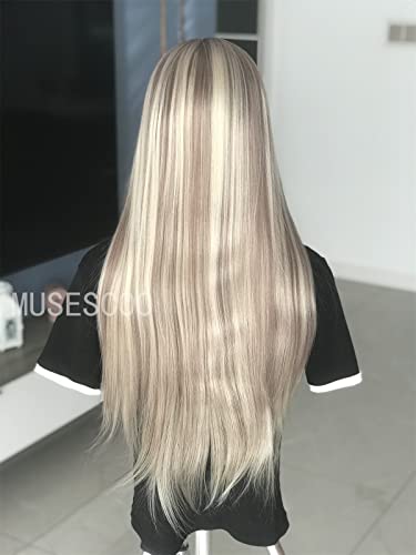 Sultry Elegance: Musescoo Highlight Long Straight Synthetic Lace Wig, Platinum Mixed Brown, for Show-Stopping Style