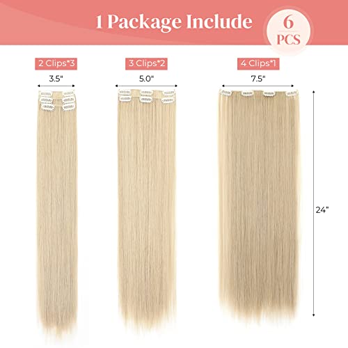 Clip-In Hair Extensions - 6PCS Straight 24" Blonde Hair Extensions for Women - Heat Resistant Synthetic Hairpiece in Platinum Blonde, Instant Volume, Lightweight, Secure Fit