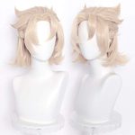 SL Short Blonde Wig Unisex Cosplay: Anime Fluffy Spiky Braids for Male Characters + Bonus Elf Ears and Cap, One Size Fits All