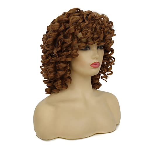 Playful Elegance with Dai Cloud Short Afro Kinky Curly Wigs - Soft Brown, Big Curly Wig with Bangs
