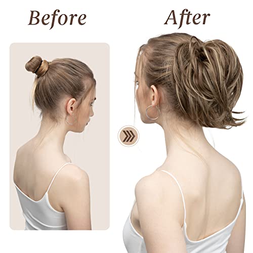 Effortless Chic Messy Bun Hair Piece - Synthetic Tousled Ponytail Extensions for Quick and Stylish Updos in Brunette/Ash Blonde Hues