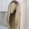 Aisom's Ash Blonde Synthetic Lace Front Wigs – Long Straight Hair, Ombre Blonde with Brown Roots, Perfect for Daily Use