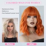 Colored Wigs For Women Orange Wig With Bangs, a 12-inch short wavy bob wig