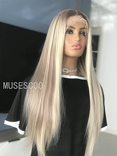 Sultry Elegance: Musescoo Highlight Long Straight Synthetic Lace Wig, Platinum Mixed Brown, for Show-Stopping Style