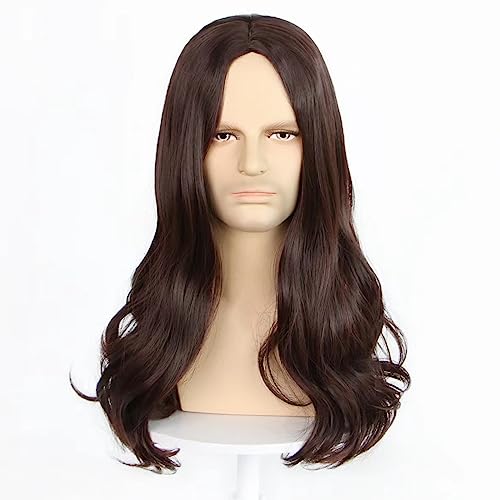 IEBIYO Men's Long Brown Wig, Middle Part Wavy Wig for Cool Men, Perfect for 60s 70s Hippie Look, Heat Resistant Synthetic Halloween Costume Wig