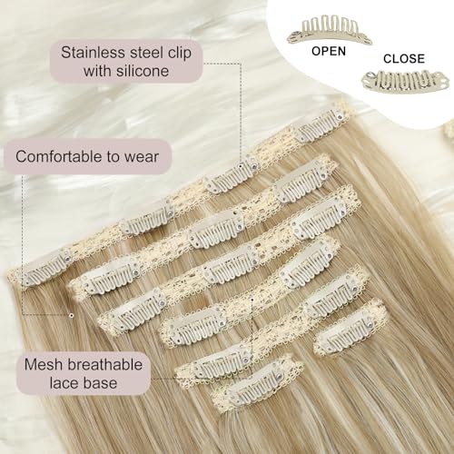 Clip in Hair Extension - 7PCS Bleach Blonde, 20 Inch Long Straight Layered Hair Extensions with Invisible Lace Weft for Women