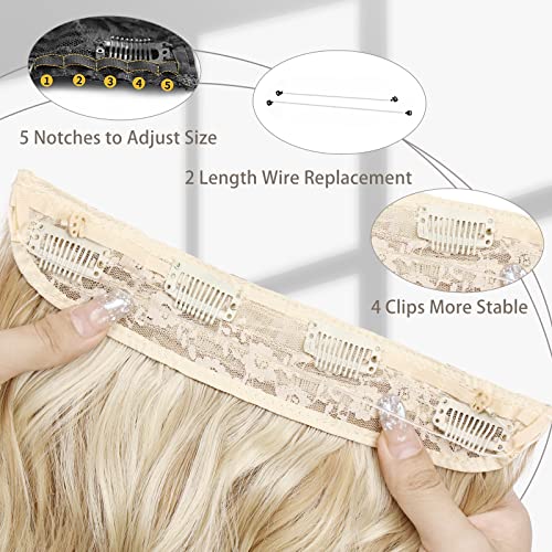 Invisible Wire Hair Extensions - 20 Inch Halo Ash Blonde Mix Bleach Blonde - Long Wavy Synthetic Hairpiece with Adjustable Transparent Wire and 4 Secure Clips for Effortless Elegance