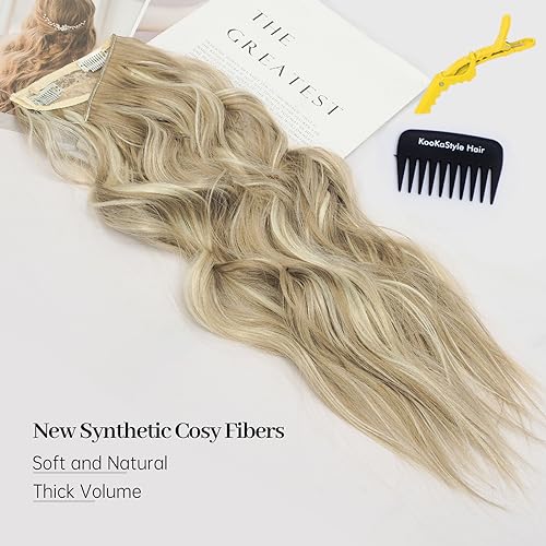 KooKaStyle Invisible Wire Light Brown mix Highlight Blonde Hair Extensions - Effortlessly Boost Your Volume with Adjustable and Secure 16-Inch Wavy Secret Hairpiece