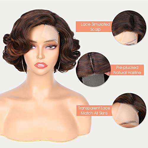 Short Curly Bob Wig - Effortless Glamour for Black Women, Synthetic Lace Front Wig with Body Wave, Wear-and-Go Brown Wig for Beginners