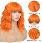 Colored Wigs For Women Orange Wig With Bangs, a 12-inch short wavy bob wig