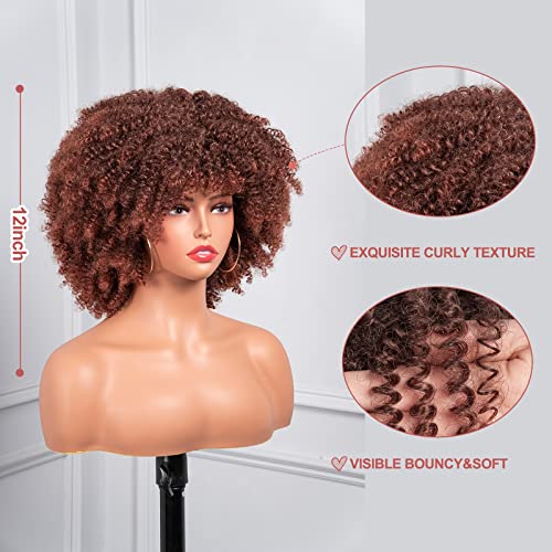 ToyoTress Afro Kinky Curly Wig - 12 Inch Ombre Brown Curly Hair Wig with Bangs for Black Women, Heat Resistant Synthetic Wig (T4/30-0918)