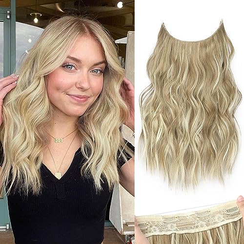 KooKaStyle Invisible Wire Light Brown mix Highlight Blonde Hair Extensions - Effortlessly Boost Your Volume with Adjustable and Secure 16-Inch Wavy Secret Hairpiece