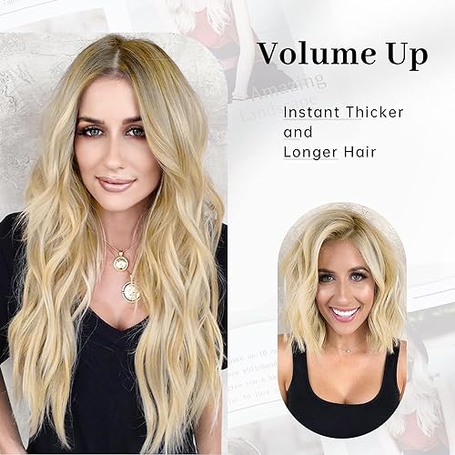 KooKaStyle Invisible Wire Light Brown mix Highlight Blonde Hair Extensions - Effortlessly Boost Your Volume with Adjustable and Secure 16-Inch Wavy Secret Hairpiece