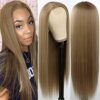Radiant Allure: Maycaur 24 Inch Brown Long Straight Lace Front Wig for Fashion Women, Synthetic Heat Resistant Fiber with Natural Hairline