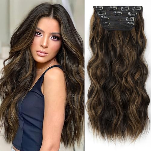 Clip-In Long Wavy Synthetic Hair Extension 20 Inch Balayage Dark Brown to Chestnut - 4PCS Thick Hairpieces for Volume and Versatile Styling