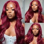 99j Burgundy Lace Front Wigs - Brazilian Virgin Body Wave, 4x4 Closure, 150% Density for Glamorous Red Colored Hair