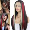 MACA BAKA's Skunk Stripe Blonde Highlight Red Synthetic Lace Front Wig - Lightweight Elegance with Versatile 13x4 Lace Frontal