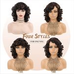 Fancy Hair Curly Afro Wig with Bangs - Black Mix Brown Kinky Curly Wig for Women, Synthetic Cosplay Party Hair Wig