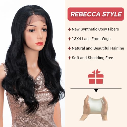 REBECCA STYLE Body Wave Wigs: Embrace Natural Elegance with 13x4 HD Transparent Lace and Heat Resistant Synthetic Fiber in 20 Inch Black-1B Shade