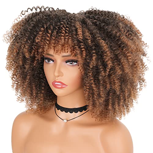 Ombre Brown Afro Wig - 14 Inch Curly Wig with Bangs, Express Your Style with Vibrant Colors and Little Gifts