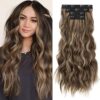 4PCS Clip-In Hair Extensions 24" for XXL Volume and Length - Chocolate Brown with Blonde Highlights