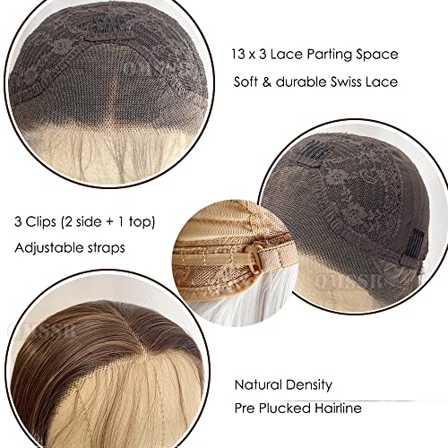 QMSSR Synthetic Lace Front Wig: Brown Long Straight Hair with Blonde Brown Mix