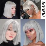 MERISIHAIR Short Silver Gray Bob Wigs with Bangs, Short Straight Bob Silver Grey Wigs for Women,Natural Looking Cosplay Daily Party Wig