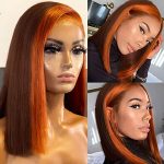 Ginger Orange Highlight Short Bob Wig - 100% Brazilian Virgin Human Hair, 13x4 HD Lace Frontal, Chocolate Brown Straight Bob, Pre-Plucked with Baby Hair, Natural Hairline (12 Inch) 🧡💇‍♀️